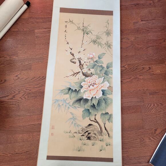 Vtg Chinese Scroll Paintings Artwork Bundle Crane Blossom Waterfall - Picture 4 of 15